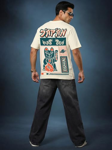 Image of Veirdo Men's Cotton Oversized Fit Oversized Baggy Fit Drop Shoulder Cool and Stylish Graphic Printed Design Half Sleeve T-Shirt (Available Sizes: S to 2XL)