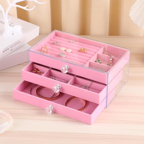 Image of Vlando 3 layer jewelry storage box 3 Drawers Transparent Clear Ring Necklace Piercing Earrings Bracelet Watch Jewellery Organiser Jewellery Box Acrylic Container for Ring Necklace Home (Pink)