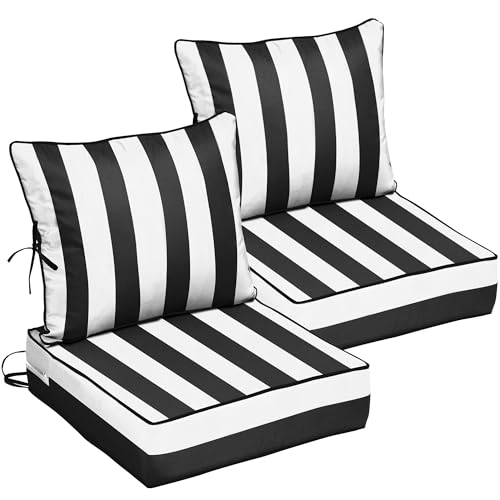 Image of 24x24 Outdoor Chair Cushions 2 Set, Waterproof Deep Seat Cushions for Patio Furniture with Removable Cover, Fade Resistant 4'' Outdoor Seat Cushion w / Ties Handle for Sofa Couch,Black White Stripes