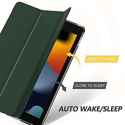 iPad 9 ケース 2021 MoKo iPad 10.2 ケース 第9/8/7世代(2021/2020/2019) 半透明 オートスリープ機能 薄型 スタンド 三つ折り 高級PUレザー 裏地マイクロファイバー 傷防止 スマートケース DarkGreen