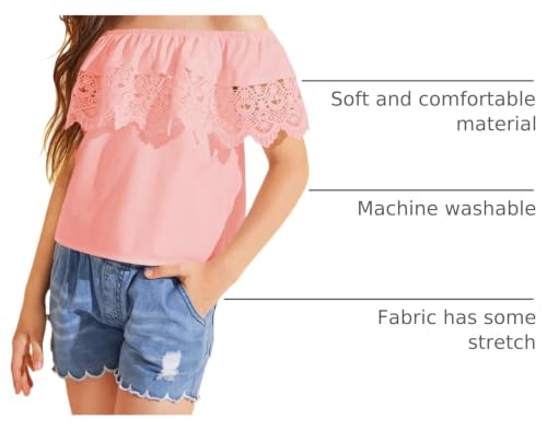 Image of WDIRARA Girl's Folklorico Shirt Off Shoulder Ruffle Trim Lace Blouse Tops | Short Sleeve, Mexican Blouse, Dressy Peasant Tee, Casual