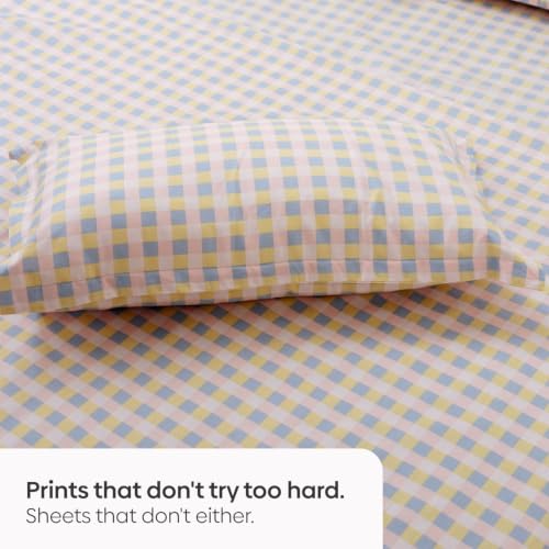 Image of Haus & Kinder Double Bed Bedsheet 90 x 100 | 186 TC Pure Cotton Bed Sheet Double Bed with 2 Pillow Covers | Queen Size Bed Sheet | Awairo Check Soft Pastel