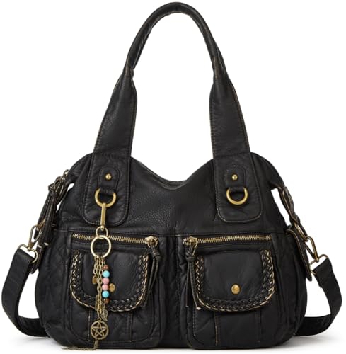 Worldlyda Women Canvas Hobo Purse Multi Pocket Tote Shopper Shoulder Bag Casual Top Handle handbag with Embroidery Ethnic