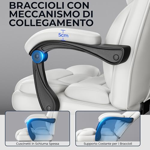 Poltrona Ufficio Ergonomica con Poggiapiedi Sedia da Ufficio in Finta Pelle con Schienale Reclinabile Bloccabile e Braccioli Imbottiti Rotelle Girevole Altezza Regolabile Bianco - Sedia gaming - Immagine 4