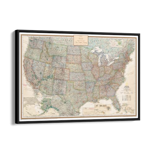 Image of Executive United States Map with Pins - Detailed National Geographic USA Canvas Travel Tracker - Extra Large Framed Wall Art - Black Float Frame - 34 inch x 51 inch