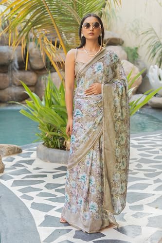 Image of MIRCHI FASHION Women Saree Floral Print Chiffon | Lightweight Festive Occasion Sari for Farewell and Functions with Unstitched Blouse Piece