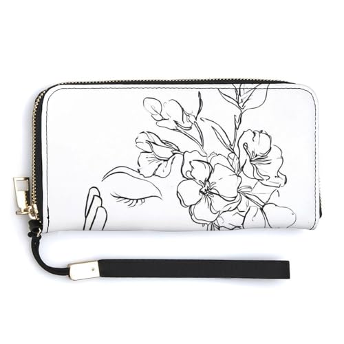 Lady Face Flowers Line Drawing PU Leather Clutch Long Bifold Wallet, Coin Purse Credit Pass Case, Durable Card-Holder Money Storage for Women Men