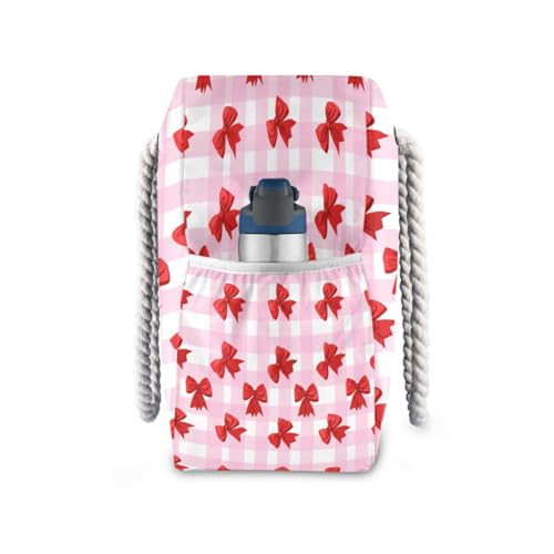Red Bows Beach Bag with Top Zipper Closure, Waterproof Pool Bag, Large Beach Tote for Women#363