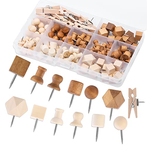 KAMAIKA 114 Stück Stecknadeln aus Holz, dekorative Stecknadeln in 2 Farben und 7 Stilen, Reißnägel, Markierungsnadeln mit Aufbewahrungsbox, Reißnägel für Bastelprojekte aus Korktafeln