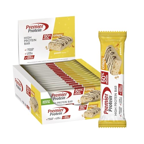 Premier Protein - High Protein Bar 50%+Crispy Peach - 16x40g - Low Sugar - Low Carb - palmölfrei