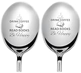 99WakeUp Drink Coffee Read Books Spoon Stainless Steel Coffee Spoons with Laser Engraved Love Coffee Book Message, 7 Inch, Pack of 2