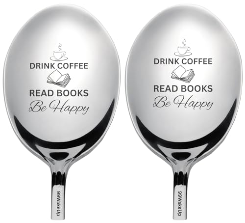 99WakeUp Drink Coffee Read Books Spoon Stainless Steel Coffee Spoons with Laser Engraved Love Coffee Book Message, 7 Inch, Pack of 2