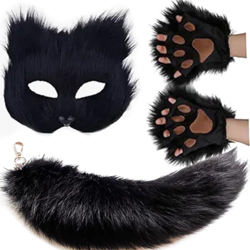 NWSTESLE Furry Therian Mask and Tail for Kids,Animal Fox Mask Wolf Tail Paws Set,Over 1 Years Old Black