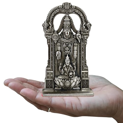 Image of anciently Tirupati Balaji Idol with Lakshmi for Car Dashboard | Venkateswara Idol with Lakshmi for Car Dashboard, Metal, 1 Piece (Silver Colour)