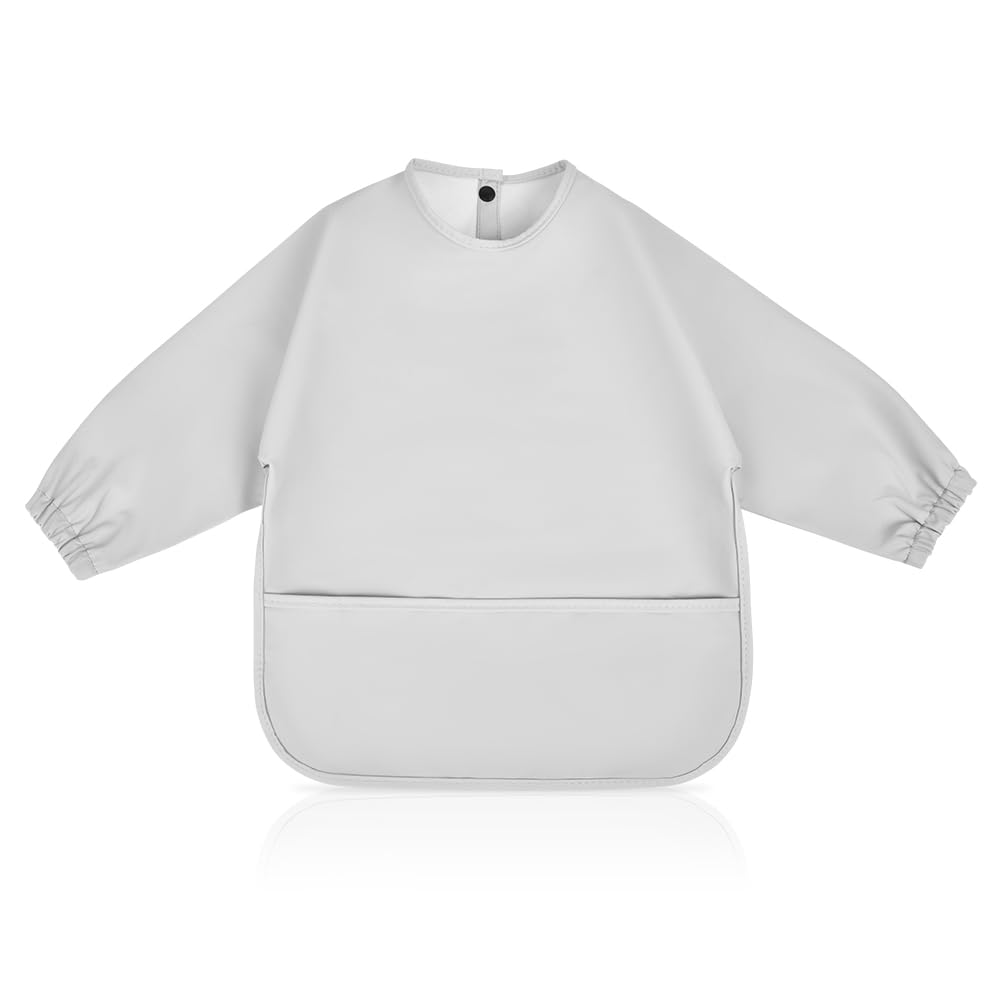 Vicloon Bavaglino a Manica Lunga, Bavaglini con Maniche per Pappa Svezzamento, Bavaglino Bambini Impermeabile con Tasca Frontale, Drool Bavaglino in Tessuto PU Impermeabile per Bambini da 6 a 12 Mesi