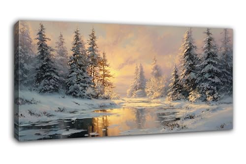 Large Winter Wall Art Decor, Winter Woodland Canvas Print for Christmas Wall Decor, Rustic Scene Snowy Pine Tree Landscape Pictures, Vintage Forest Painting Holiday Artwork for Bedroom 40x20 Inches