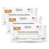 Naty toallitas para bebé sin perfume | 98% agua purificada | Para piel sensible | Suaves para recién nacidos | De origen vegetal y sin plástico | Certificadas compostables | 168 unidades (3 paquetes)