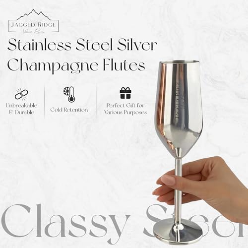 Jagged Ridge Wine Rooms Stainless Steel Champagne Flutes (Handwash Only) - Classy Steel Champagne Glass for Parties, Picnics & Special Occasions - Crafted for All Wine Enthusiasts - Set of 4 (Silver) by Jagged Ridge Wine Rooms - Image 2