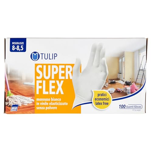 Tulip Superflex Guanti In Vinile Bianco Elasticizzato Monouso Senza Polvere 100 Pezzi Misura 8-8 5