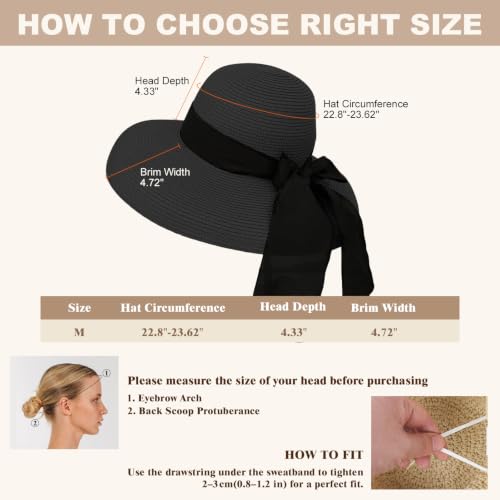 Image of Surblue Women's Beach Straw Hat, Wide Brim Sun Hat with Black Bow