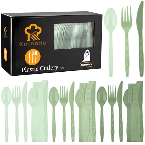 Kochorie 360 Pieces Gradient Sage Green Plastic Cutlery Set