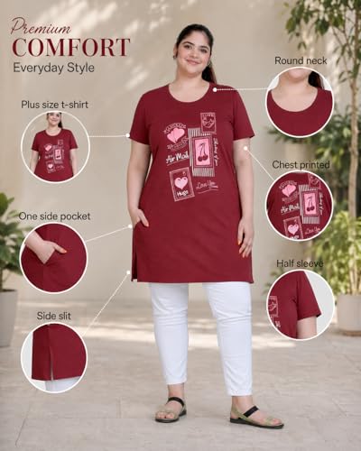 Image of In Love Women's Printed Cotton Plus Size Longline T-Shirt with Pockets | Cotton fabric - soft longline T-shirt with easy plus-size fit