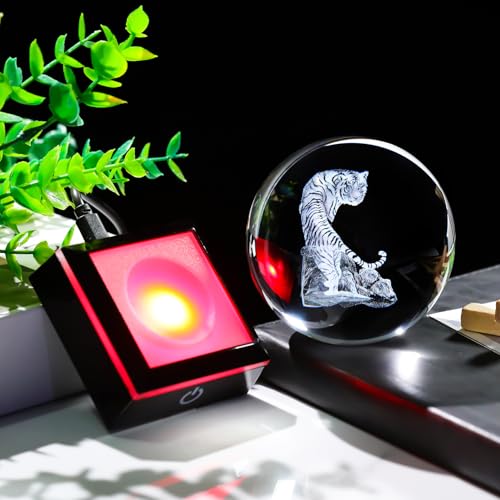 Image of Arikyrist 3D Tiger Crystal Ball Figurine with Colorful Light Base, Tiger Gifts for Women Men on Christmas Birthday, Laser Engraved Tiger Collectible Globe Glass Decorative Ball for Home Office (80mm)