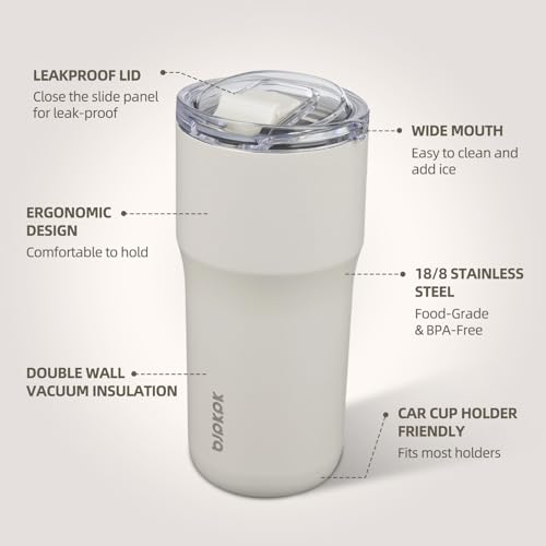 Image of BJPKPK 20oz Spill Proof Coffee Tumbler, Insulated Stainless Steel Cup | Double Wall Vacuum, Leakproof Lid, Keeps Hot /Cold /Iced, BPA Free, Dishwasher Safe, Cupholder, Travel, White