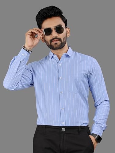 Image of MILDIN Men's Pure Cotton Striped Printed Shirt with Spread Collared Neck Full Sleeve Curved Hemline Button Closure and Regular Fit | Shirt for Man