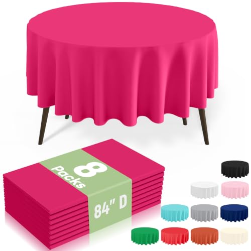 Image of 8 Packs Disposable Plastic Table Cloth, 84 inch Round Waterproof Tablecloth, Leakproof & Sturdy Decorative Table Covers for Picnic, Party, Outdoor and Back to School, Hot Pink