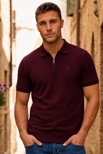Image of Louis Philippe Men's Slim Fit Zipper Polo T-Shirt in 100% Cotton Pique Fabric for Casual Wear