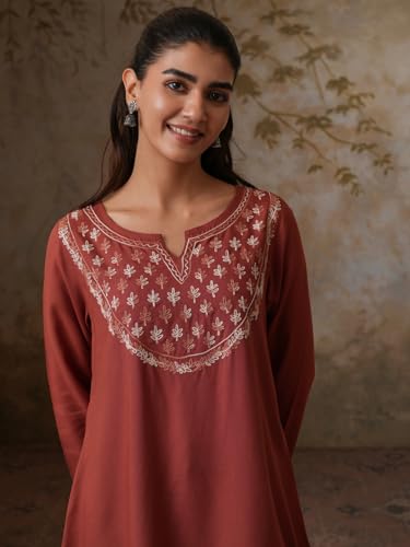 Image of QAZMI Women's Azra Kashmiri A-Line Full Sleeves Viscose Rayon Short Kurti