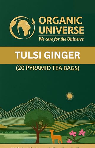 Image of ORGANIC UNIVERSE Premium Tulsi & Ginger Tea I Whole Leaf Tea | 20 Pyramid Herbal Tea Bags | Caffeine Free | 100% Organic Ingredients