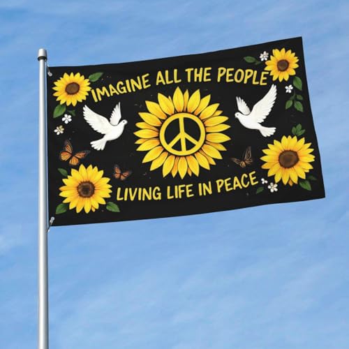 GXVLHQY Peace Sign Flags 3x5 Ft Outdoor Imagine All The People Living Life In Peace Pigeon Sunflower Flag for House Yard Polyester Banner All Weather Garden Decoration for Home Porch And Outdoor