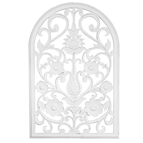 American Art Decor Hand-Carved Arched Windowpane Floral Wood Wall Panel – Wood Medallion Wall Decor - White (36" X 24”) #TOP4