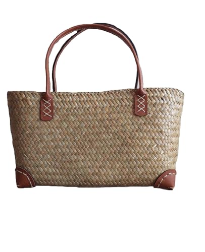 Generic Lepironia Articulata Bag, Small Square Size with Zipper Closure, Black, Beige