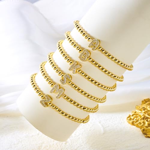 RINHOO Initial Bracelets for Women Dainty 18K Gold Plated Strand Beaded Bracelets with A-Z Crystal Letter Charm Jewelry Gifts for Mother's Day Christmas4