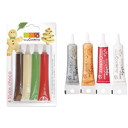 Scrapcooking 4 Stylo Choco/Rouge/Blanc/Vert/Choco & 4 Icing Stylos à Pâtisserie : Or, Choco, Blanc & Rouge - Crayons Alimentaires Comestibles Décoratifs Colorants, Gâteaux & Biscuits