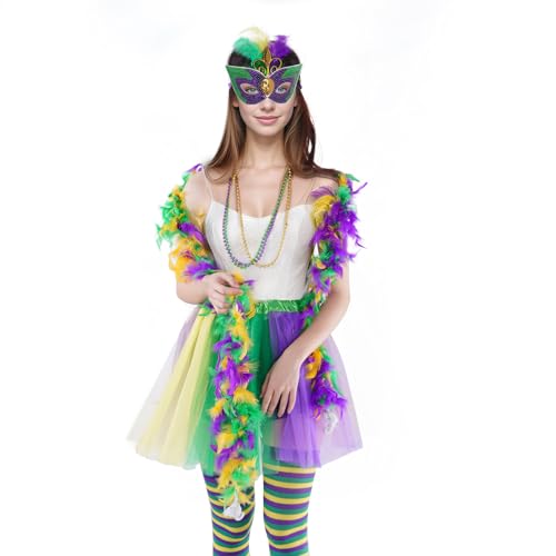 Yymobt Mardi Gras Costume Accessory Set for Women Feather Headband Mask Necklace Durable Beads Tutu Skirt Socks for Parades and Party Celebrations - Thumbnail 6