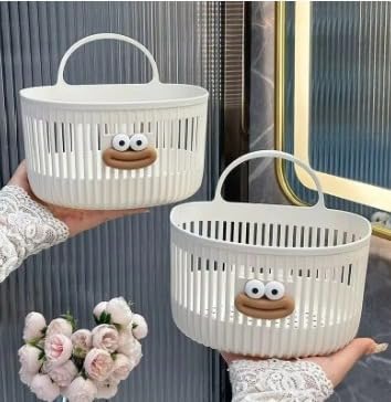 Cute Plastic Storage Basket with Handle Cartoon Face Design Multipurpose Organizer for Toys Clothes Bathroom Kitchen Laundry Lightweight Home Use Daily Portable Decorative Kids Accessories-image-10