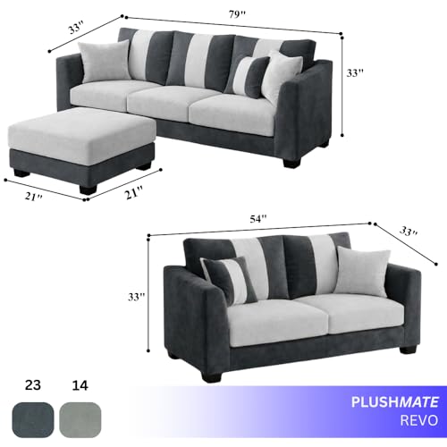 Image of Revo Plush Comfort Sofa Set | 3 Seater + 2 Seater with Ottoman | Luxury Velvet Suede Fabric | Modern Living Room Sofa | Dark Gray - Light Gray