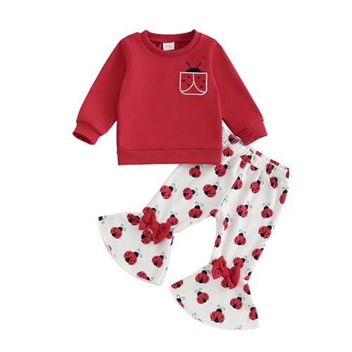 Fernvia Toddler Baby Girl Fall Clothes 2T 3T Long Sleeve Crew Neck LadyBird Bee Print Tops Flared Pants Winter Outfits