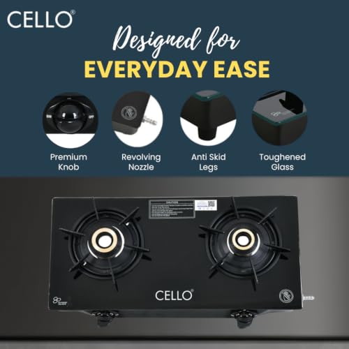 Image of Cello DEZIRE PRO PLUS 2 Burner Gas Stove | Manual Ignition | Direct Flame Brass Burners | 6mm Toughened Glass Top | Hexa Pan Supports | ISI Certified | LPG | 1Yr Warranty
