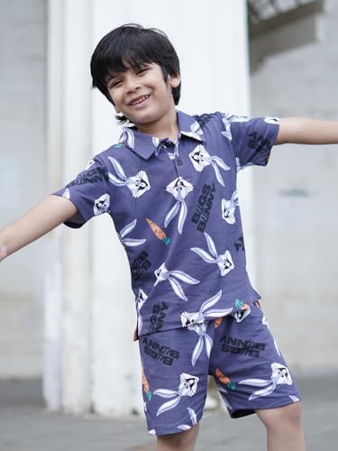 Image of Nap Chief Kids Cotton AOP Bugs Bunny Polo T-Shirt and Shorts Set for Boys & Girls for Casual Wear - (WB5064Y8 Grey 7-8 Years)