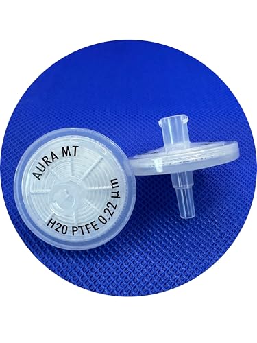 Syringe Filters PTFE Hydrophilic 0.22μm Pore Size 25mm Diameter Non-sterile by Aura MT, Pack of 100