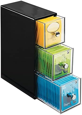mDesign Plastic Kitchen Pantry Stackable Storage Organizer Container Station with 3 Drawers for Cabinet, Countertop, Holds Coffee, Tea, Sugar Packets, Creamers - Lumiere Collection - Black/Clear