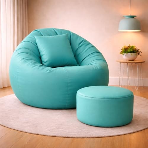 Image of 4XL Tear Drop Bean Bag with Footrest & Cushion | Premium Leatherette Bean Bag Cover | XXXXL Lounger Chair for Living Room | Without Beans | Upto 150 Kg (Aqua, XXXXL)