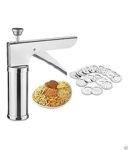 Image of Stainless Steel Kitchen Press with Different Types of Jalies, Murukku Maker /Bhujiya Maker /Noodles /Cookies /Namkeen /Chakali Maker /Sev Maker /Farsan Maker /Gathiya Maker