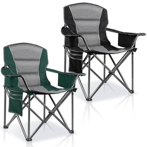 2 Pack Oversized Folding Camping Chairs for Adults, Heavy Duty Lawn Chairs with Cup Holder Storage and Cooler Bag, 450 LBS Weight Capacity, Padded Collapsible Chairs for Outdoor, Garden & Beach