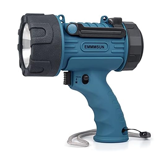 EMMMSUN Rechargeable Spotlight with 6000 Lumens, 3 Light Modes and USB Charger for Hiking, Camping, Boating, Hunting, IP67 Waterproof Handheld Flashlight (Blue)
